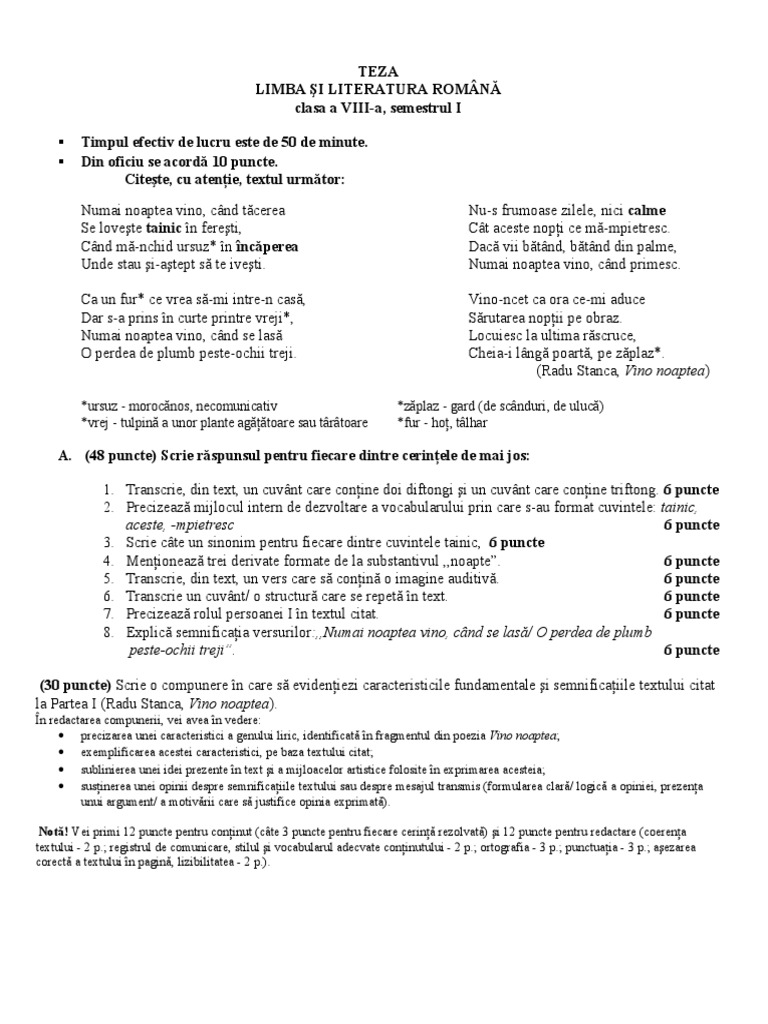 Teza Limba Romana Clasa A 8 A Sem I | PDF
