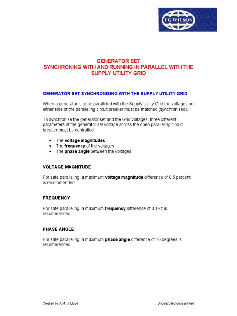 Generator Set Grid Synchronization Guide | PDF