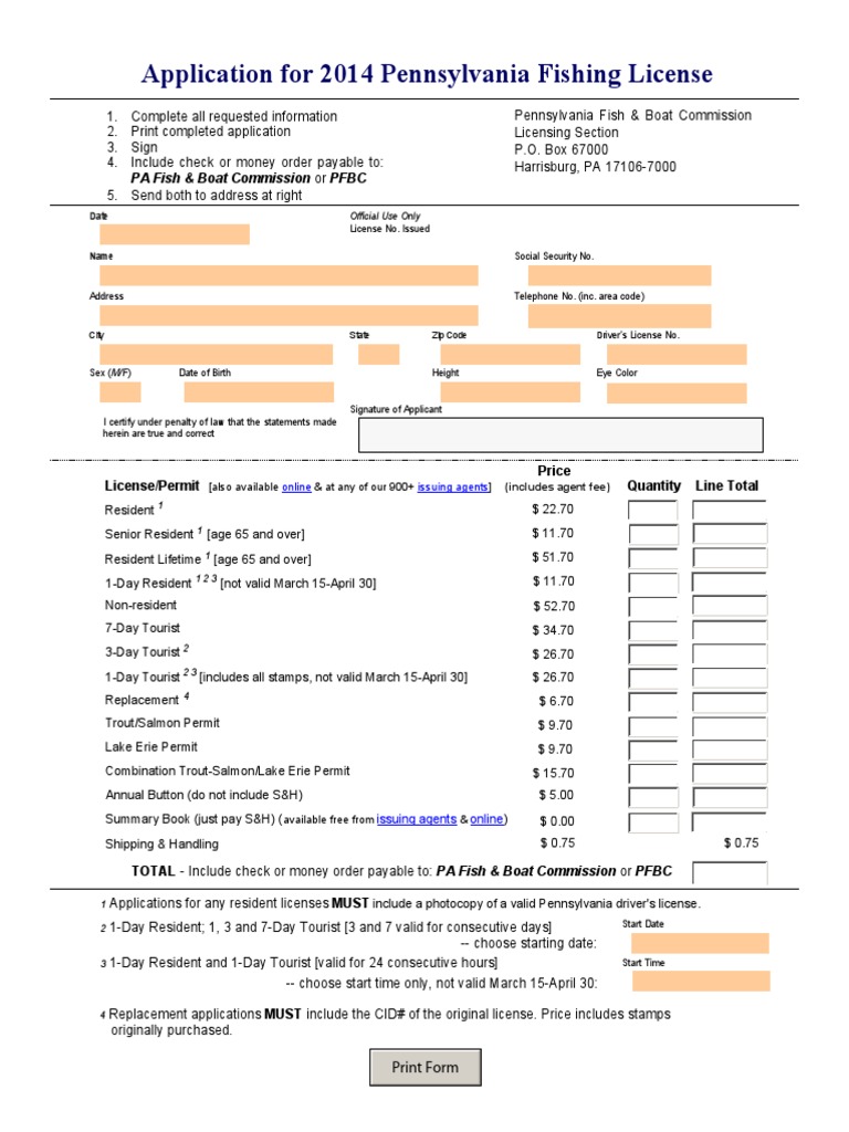 Pennsylvania Fishing License Application 2014 | PDF