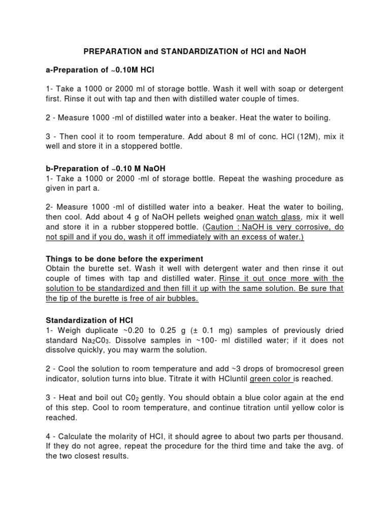 HCl and NaOH Preparation & Standardization | PDF | Sodium Hydroxide ...