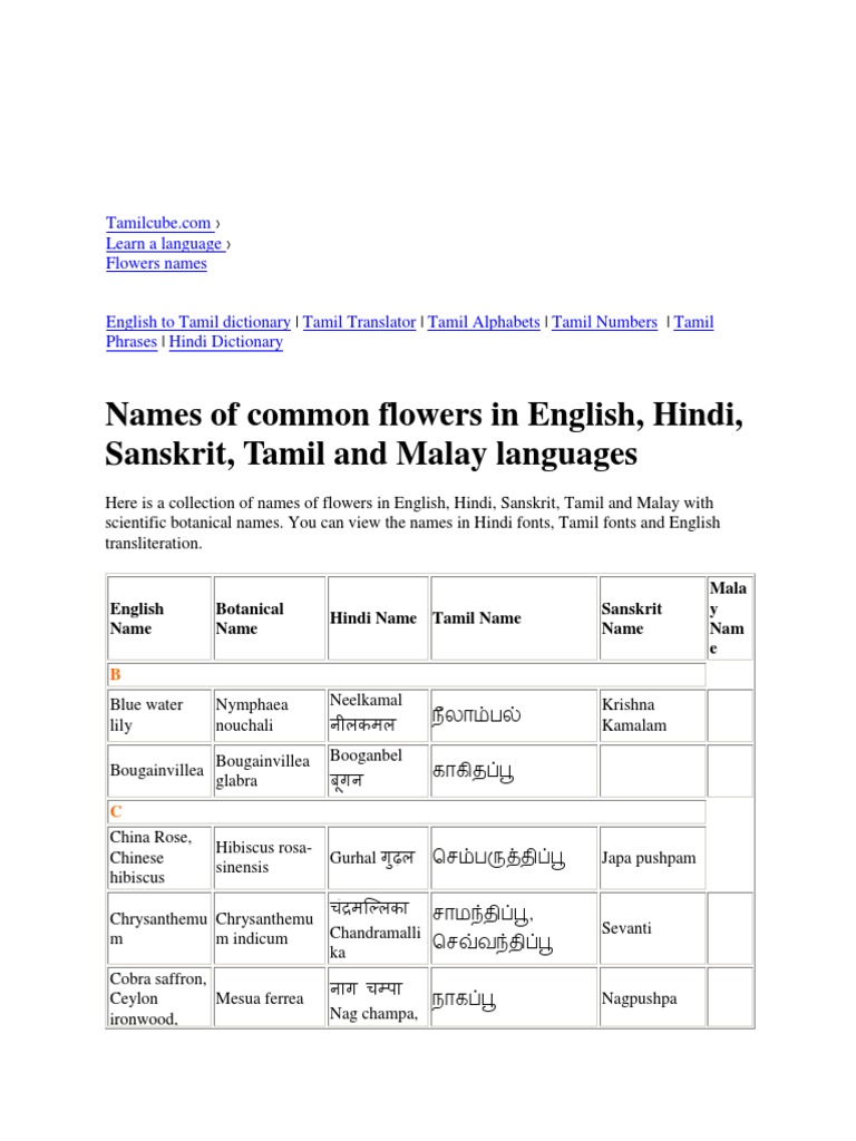 Names Of Common Flowers In English Hindi Sanskrit Tamil And Malay Languages Horticulture And Gardening Organisms