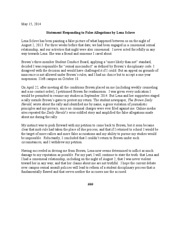 Statement Responding To False Allegations By Lena Sclove Pdf Consent Misconduct