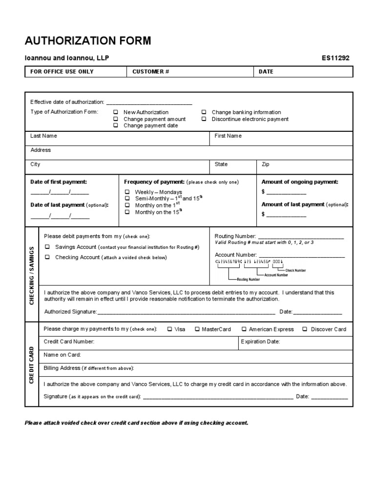 Authorization Form Payments Debit Card