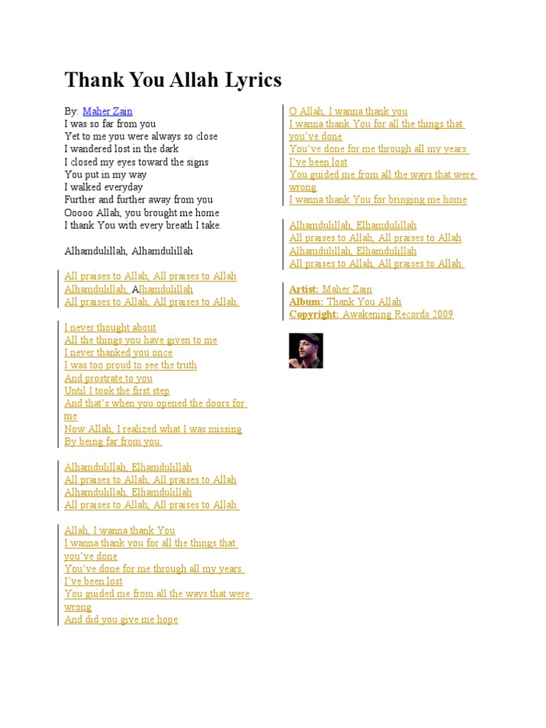 Thank You Allah Lyrics by Maher Zain | PDF | Self-Improvement | Poetry