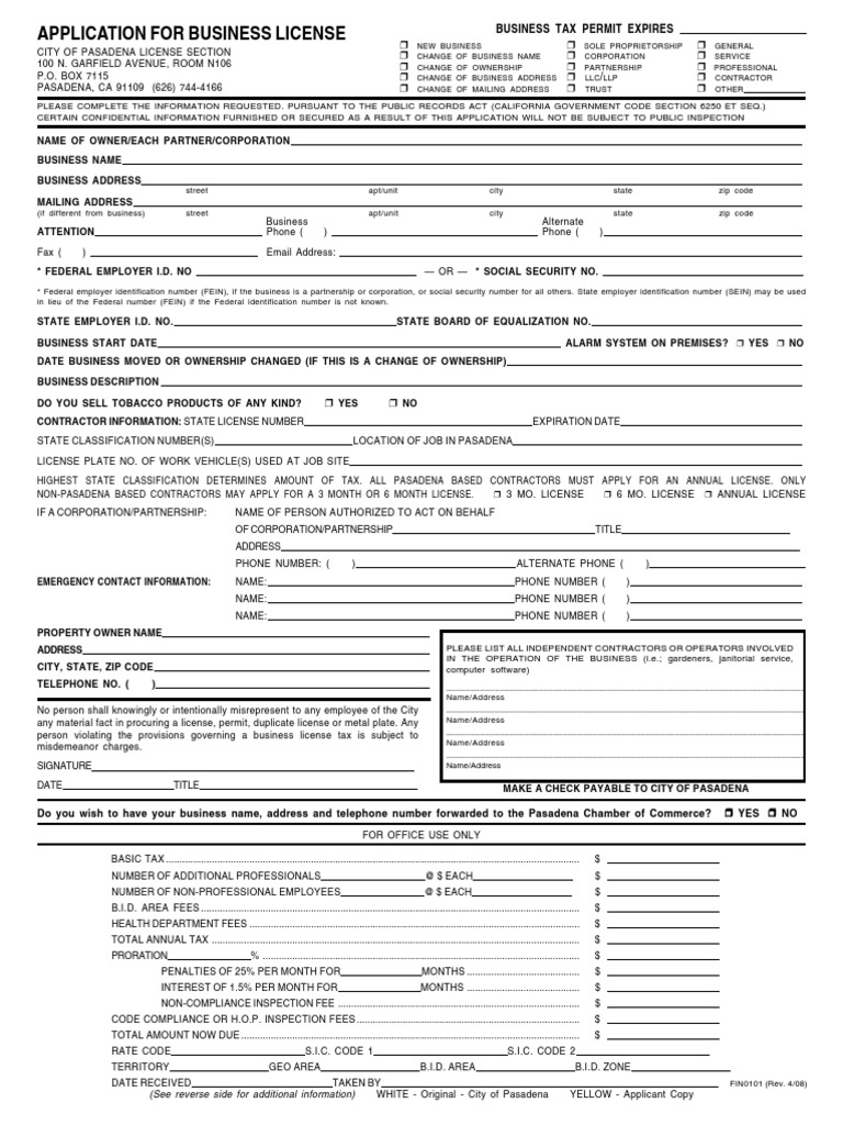 Pasadena Business License Application | PDF | Taxes | Business