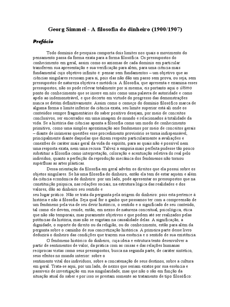 Georg Simmel - A Filosofia Do Dinheiro PREFACIO | PDF | Science ...