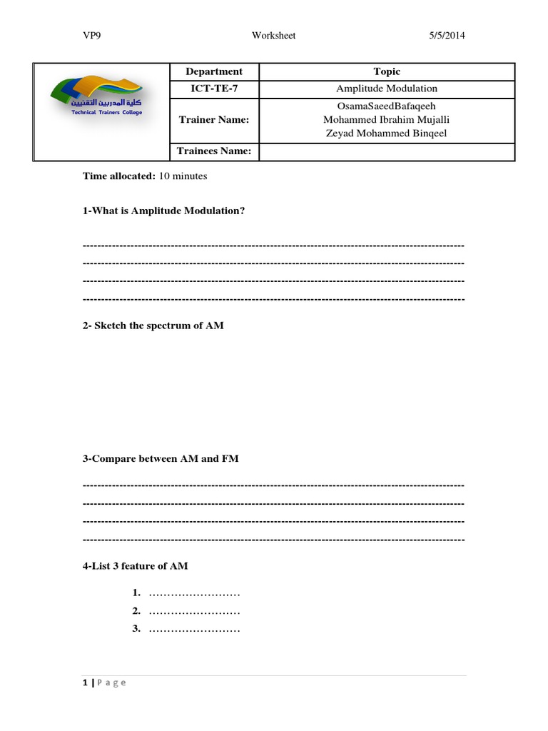 Amplitude Modulation Worksheet Guide | PDF