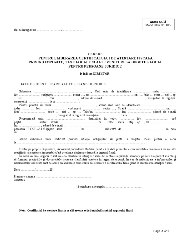 Itl 015 Cerere Pentru Eliberarea Certificatului De Atestare Fiscala In Cazul Persoanelor Juridice