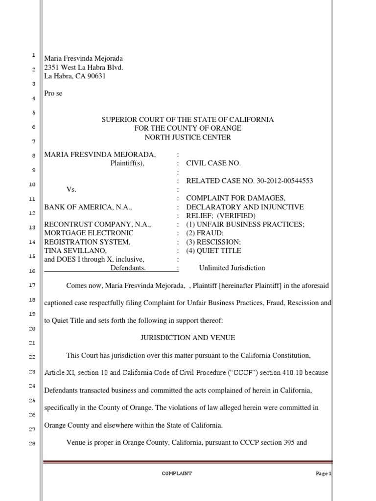 Complaint to Quiet Title Assignment (Law) Deed Of Trust (Real Estate)