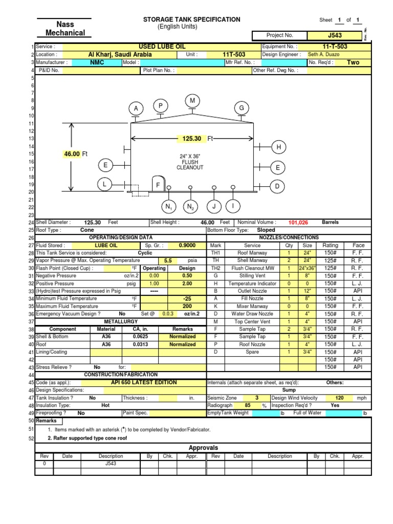 API 650 Storage Tank Design Specs | PDF