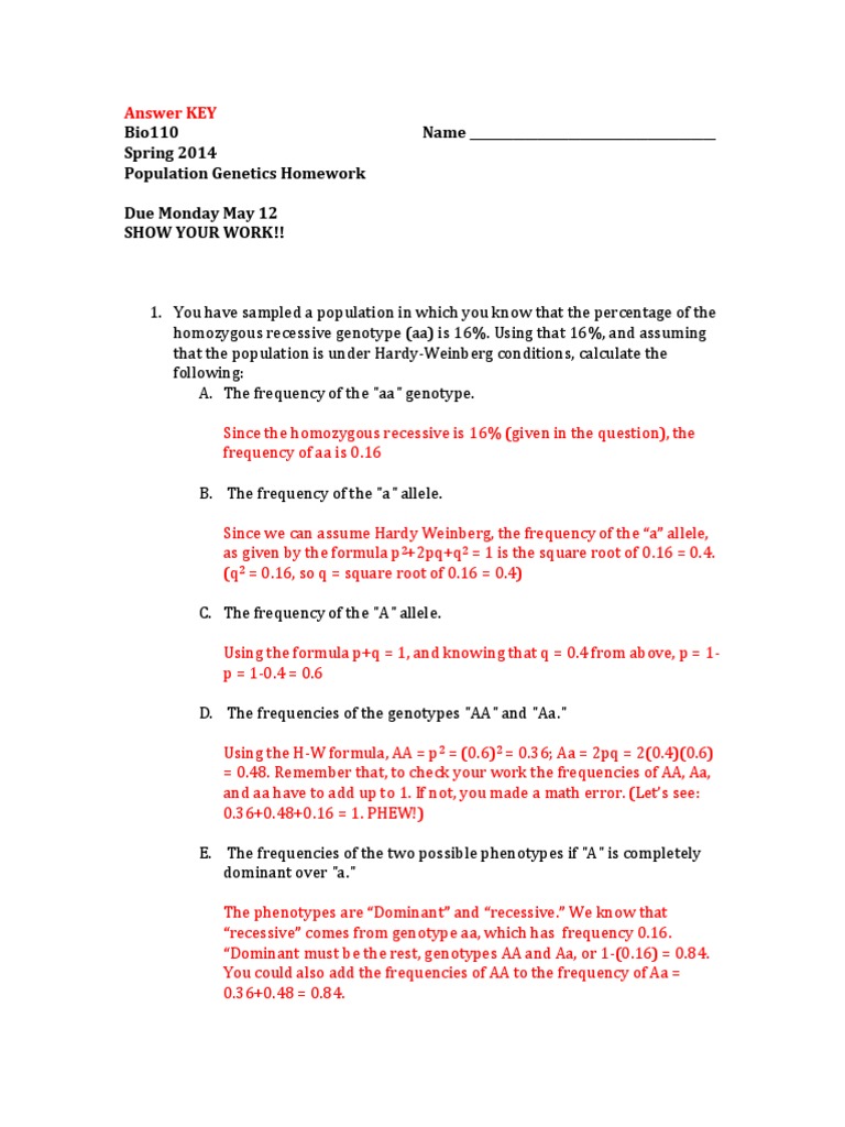 Population Genetics Homework Solutions | PDF | Dominance (Genetics ...