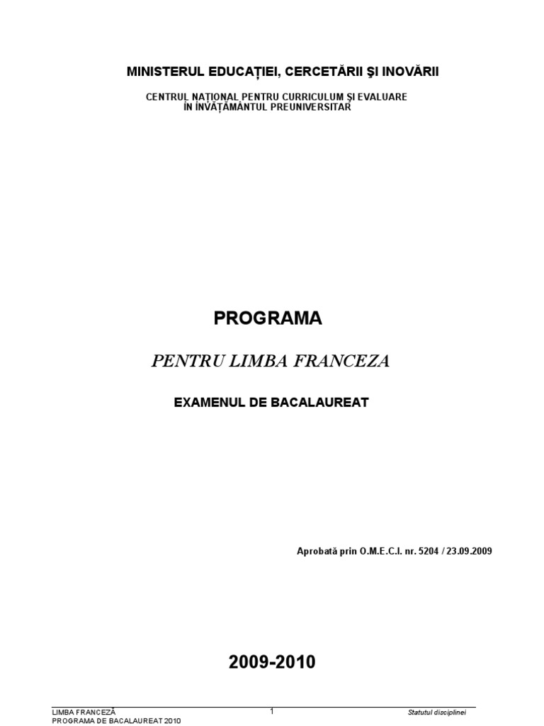 Programa Bacalaureat 2010 Limba Franceza