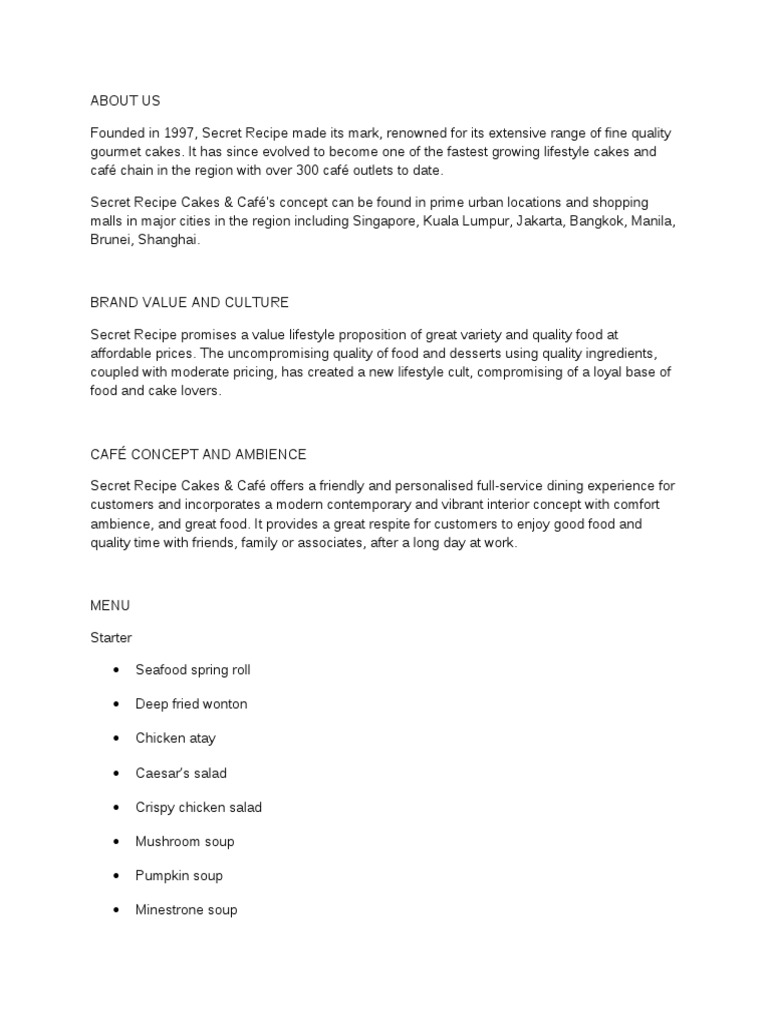 Secret Recipe Café Overview and Menu | PDF | Business