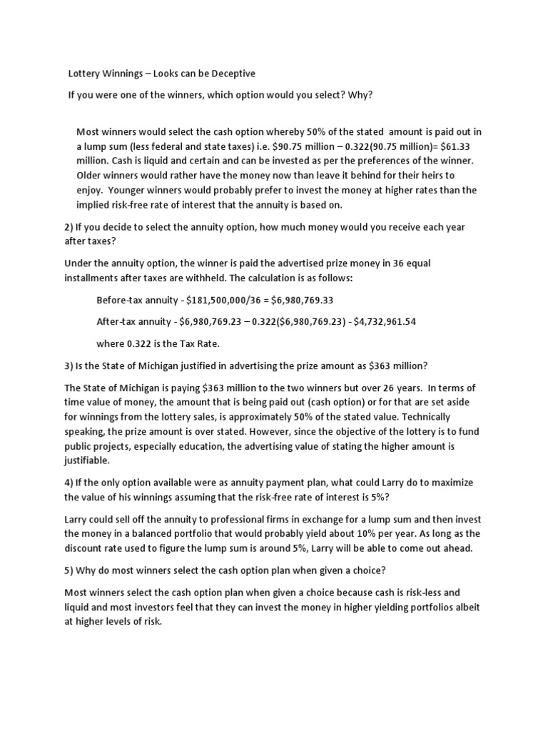 Lottery Winnings Cash vs Annuity Options PDF Present Value Lottery