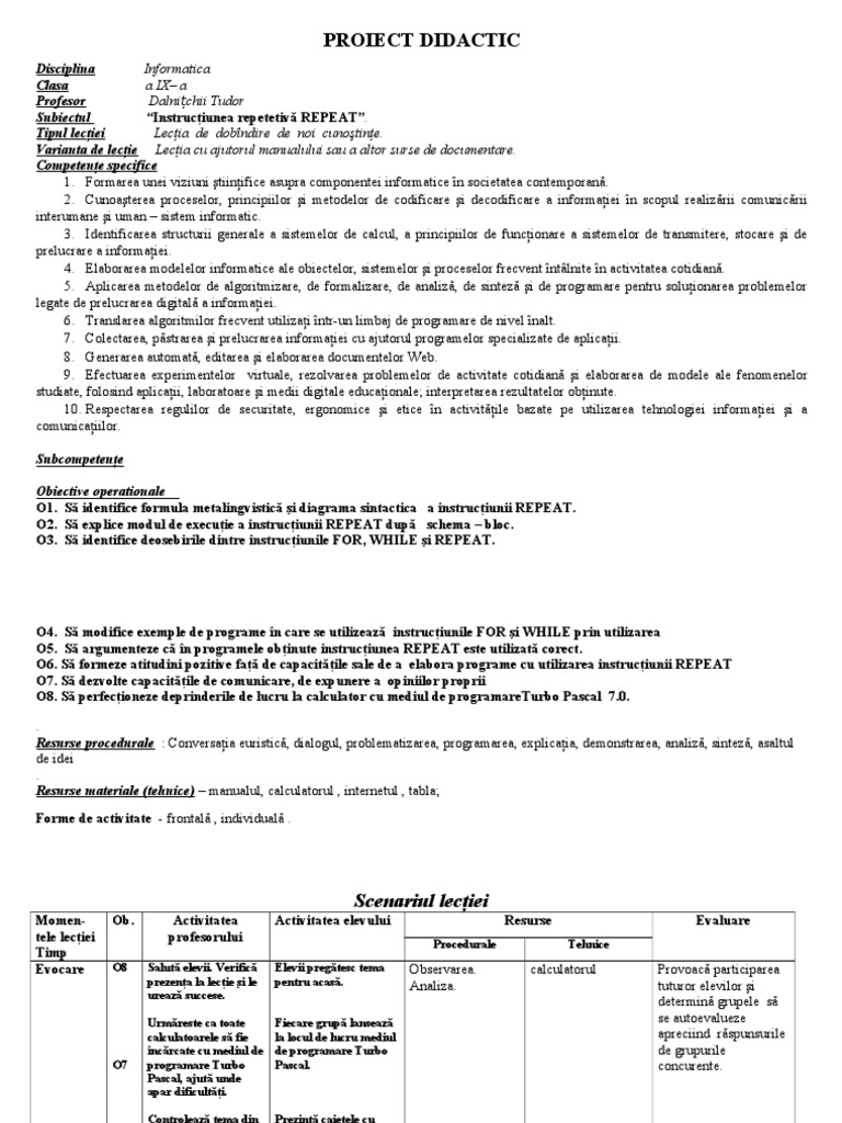 Proiect Didactic Informatica | PDF