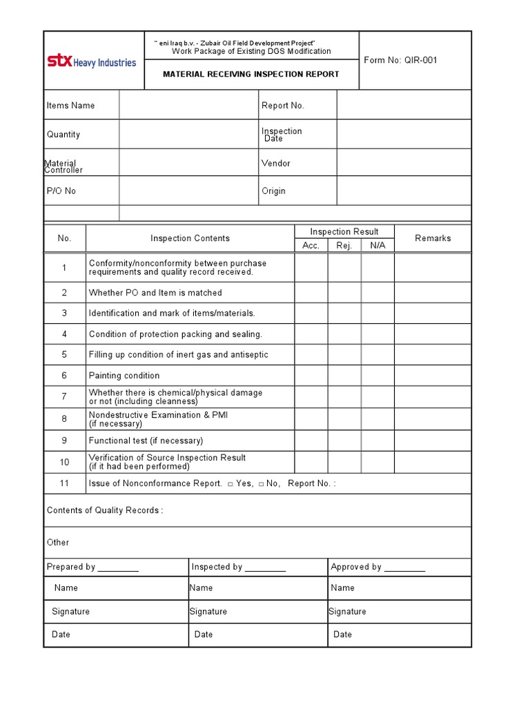 QIR001Material Receiving Inspection Report