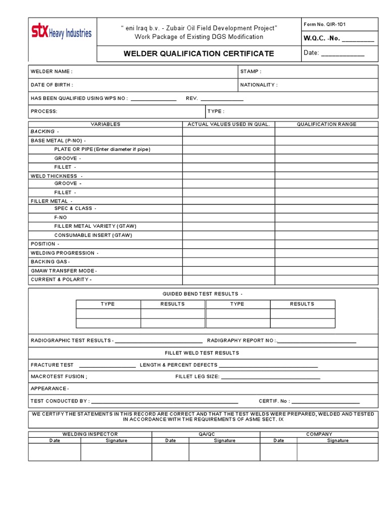 QIR 101 Welder Qualification Certificate