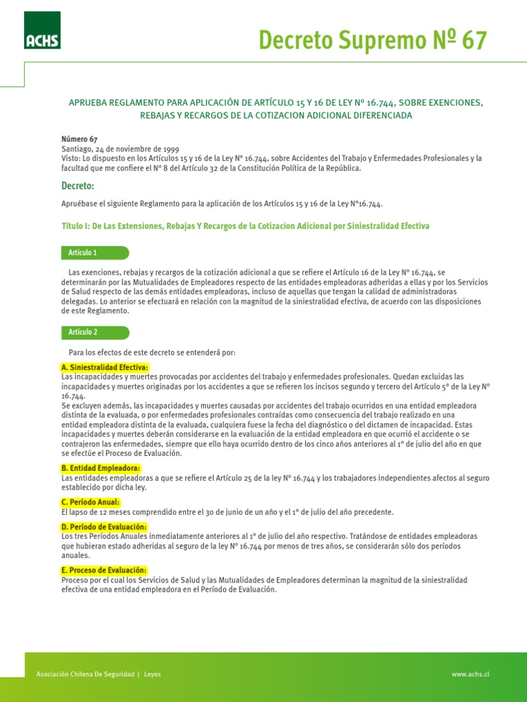 Decreto Supremo 67 (Cotizacion Adicional) | PDF | Seguro | Decimal