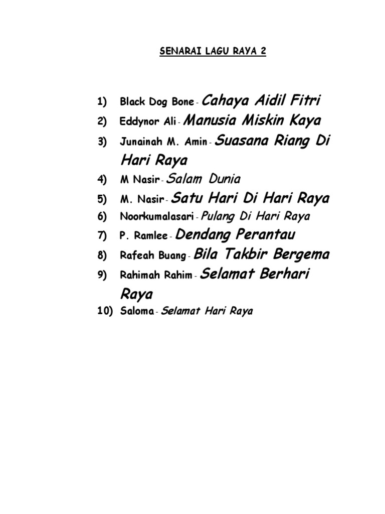 Senarai Lagu Raya Terkenal 2025 | PDF