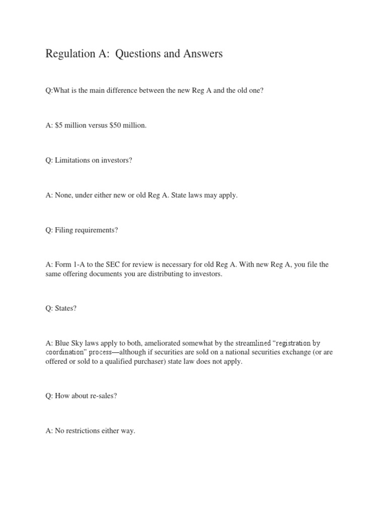 Regulation A Questions & Answers | PDF | Securities Act Of 1933 ...