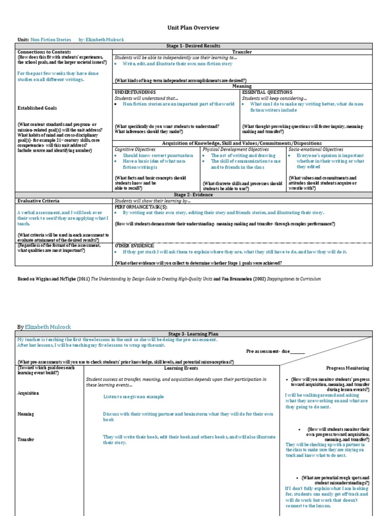 Unit Plan Overview Template PDF Educational Assessment Goal