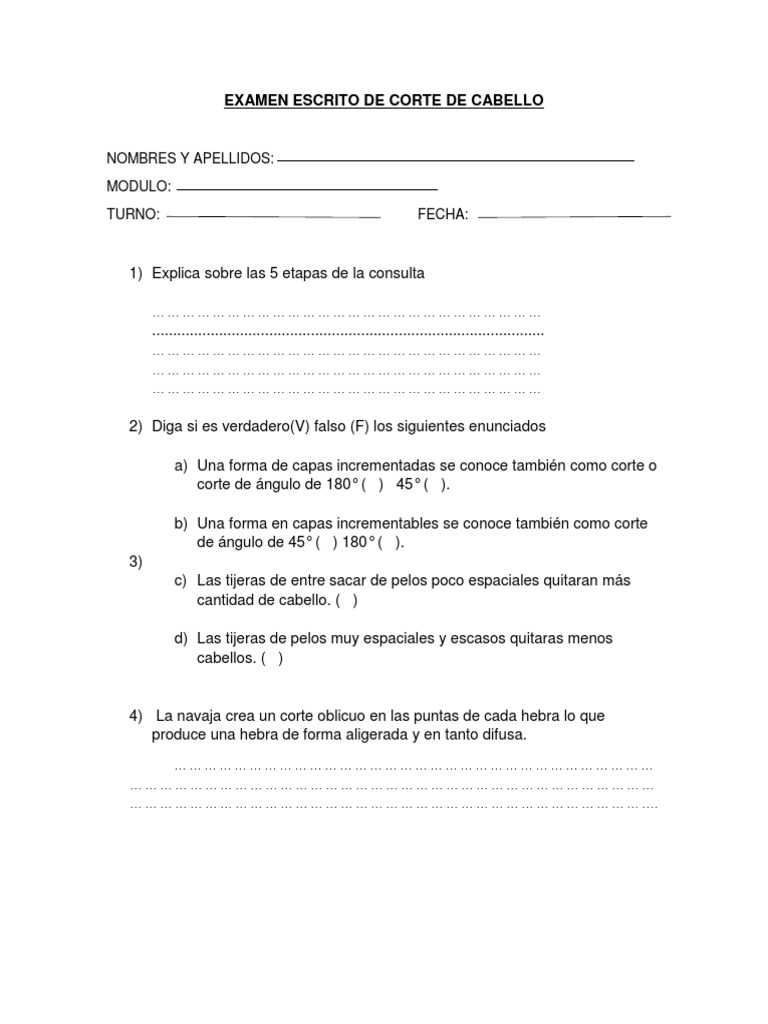 Examen Escrito De Corte De Cabello Pdf