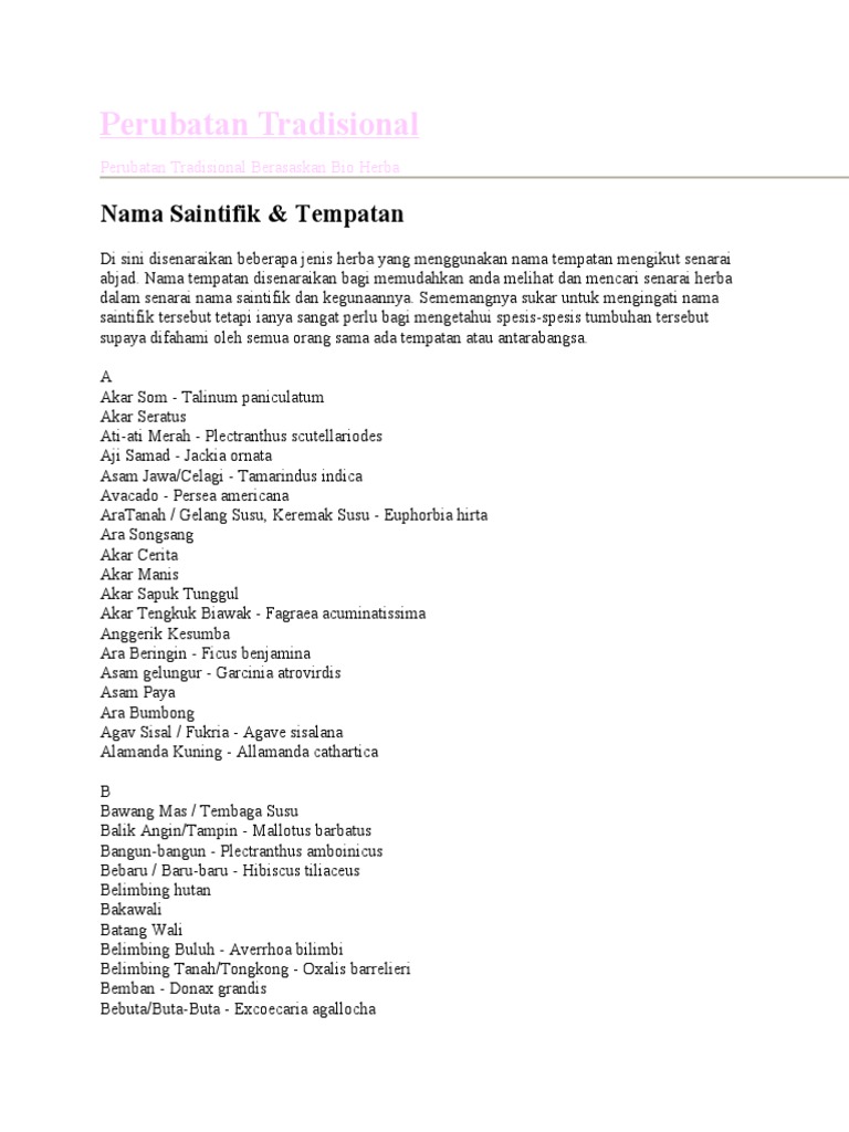 Perubatan Tradisional: Nama Saintifik & Tempatan