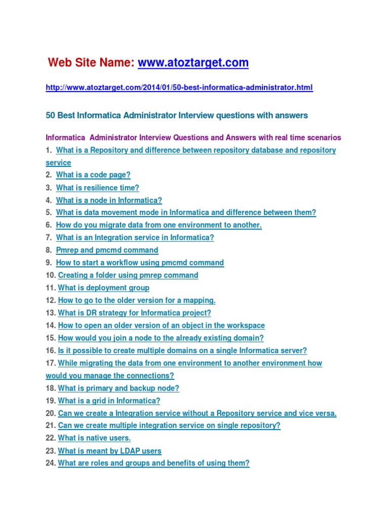 Informatica Administrator Interview Questions and Answers PDF Oracle Database Computer