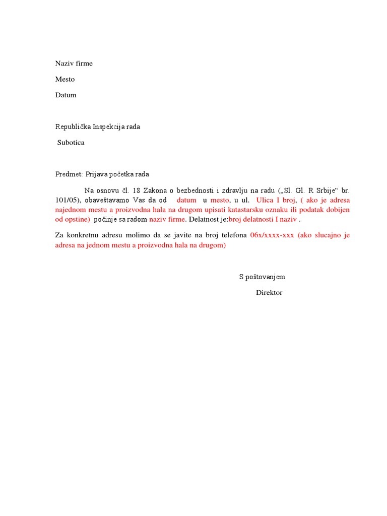 Obaveštenje Inspekciji Rada Primer | PDF