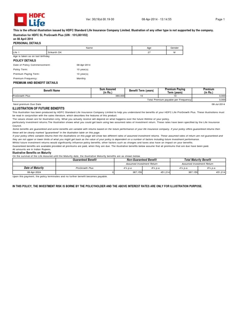 HDFC Life ProGrowth Plus Illustration PDF Life Insurance Insurance