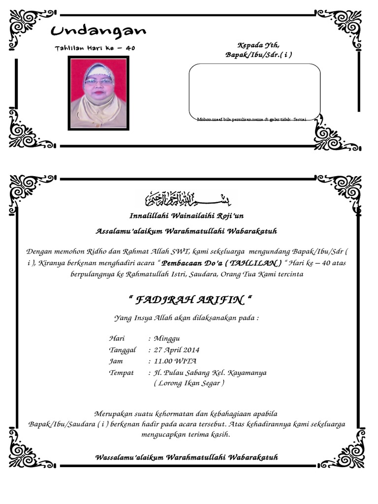 Contoh Undangan Tahlilan 40 Hari Meninggalnya Contoh Undangan Tahlilan 40 Hari Meninggalnya