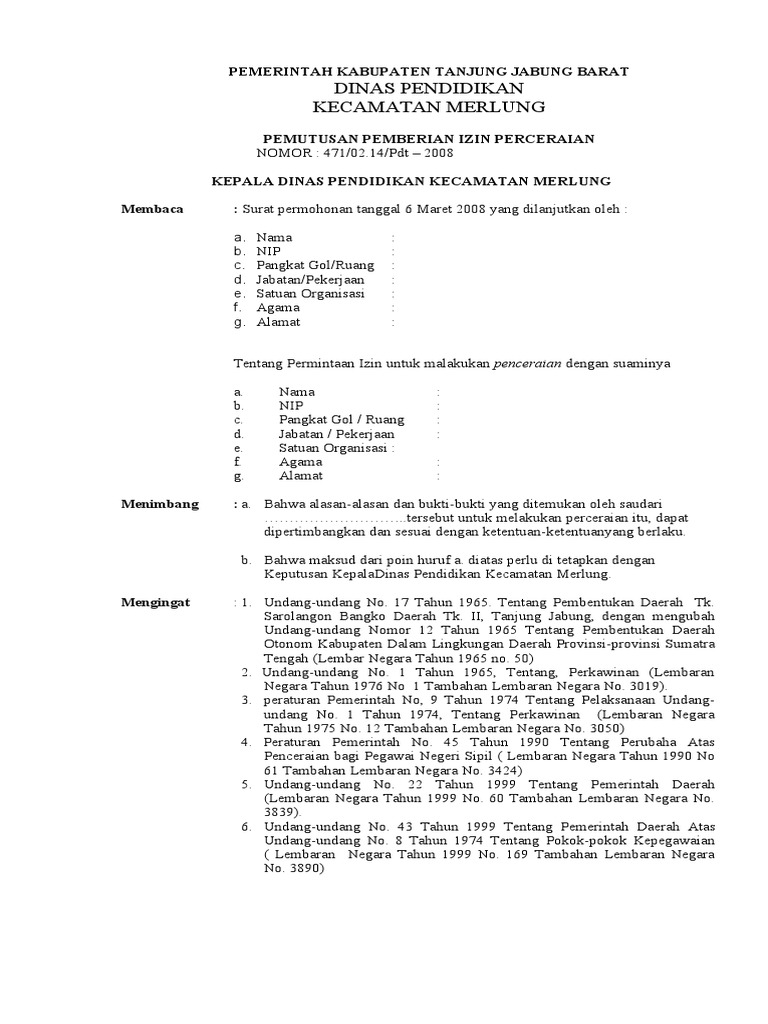 Contoh Surat Izin Perceraian Dari Atasan Kumpulan Surat Penting