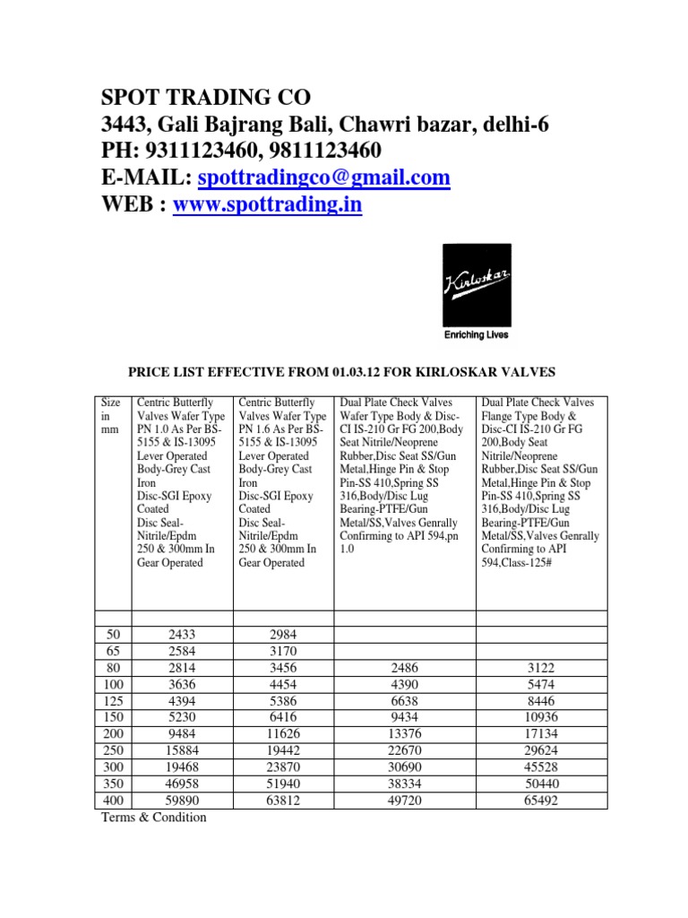 Kirloskar Valves Price List 01 03 2012 Pdf Valve Mechanical Engineering