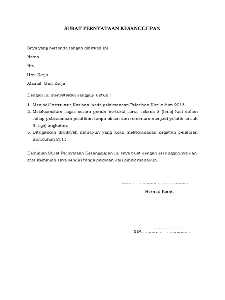 Surat Pernyataan Kesanggupan Instruktur Pdf