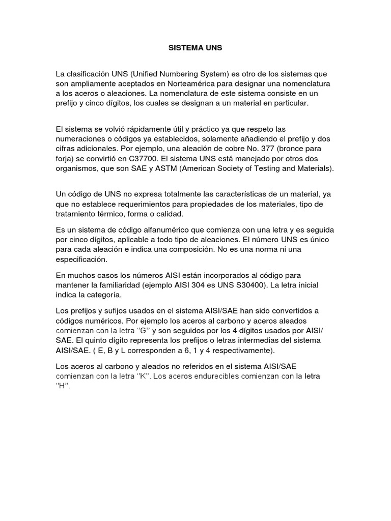 Sistema de Clasificación UNS en Aleaciones | PDF