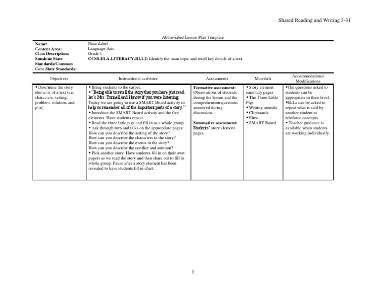 Grade 1 Shared Reading Lesson Plan | PDF | Language Arts & Discipline