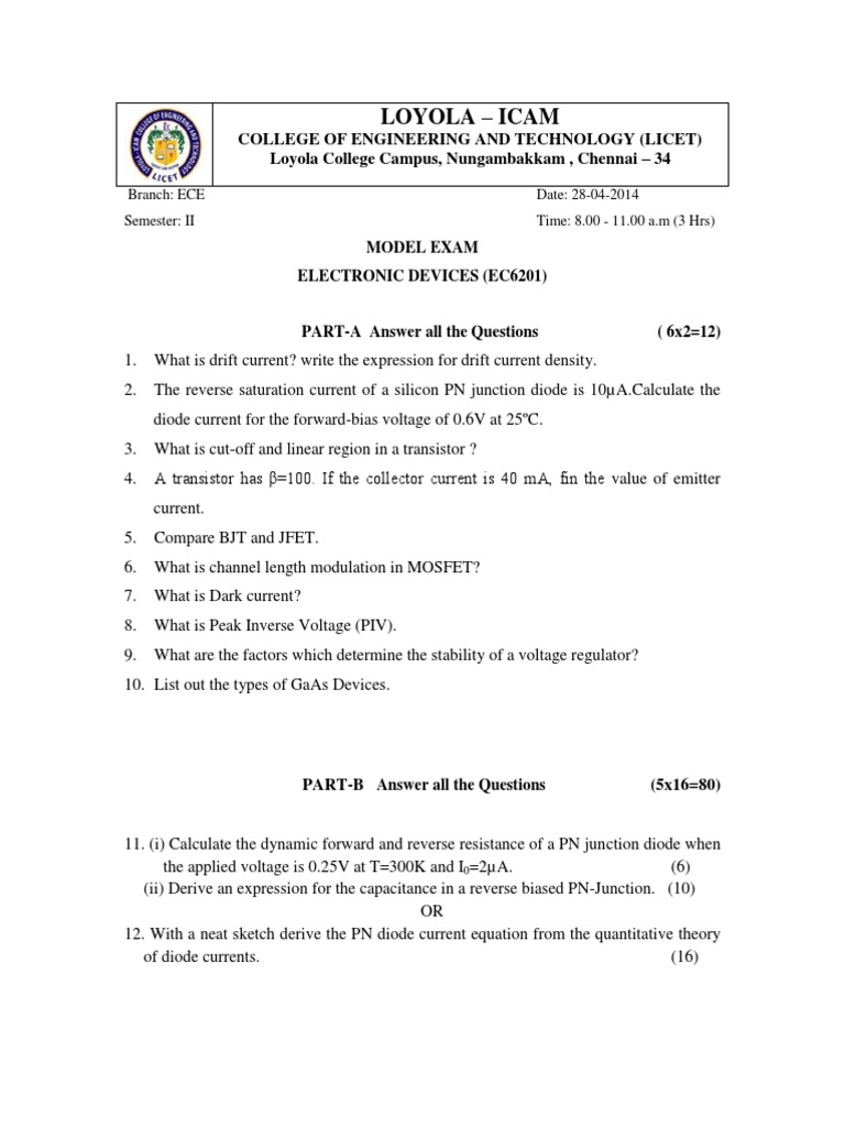 EDC Model Exam Paper for ECE Students | PDF | Diode | Transistor
