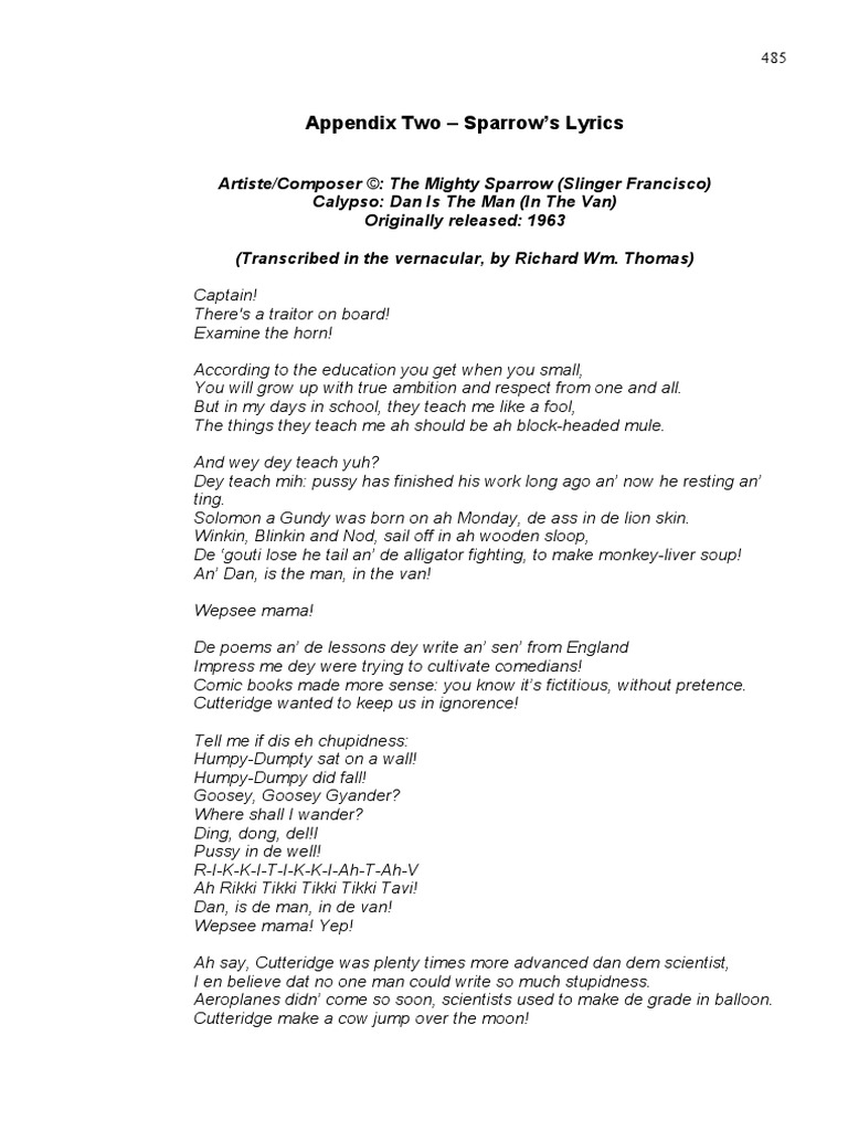 Mighty Sparrow Lyrics Caribbean Music Slavery