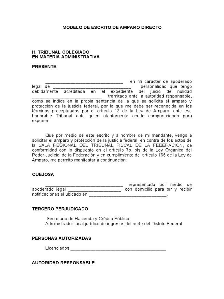 Modelo de Escrito de Amparo Directo | PDF | Sentencia (Ley) | Demanda  judicial
