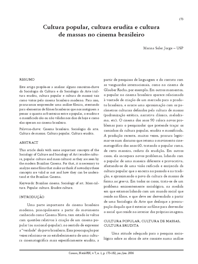Cultura de Massas, Cultrua Erudita e Vanguarda No Cinema Brasileiro ...