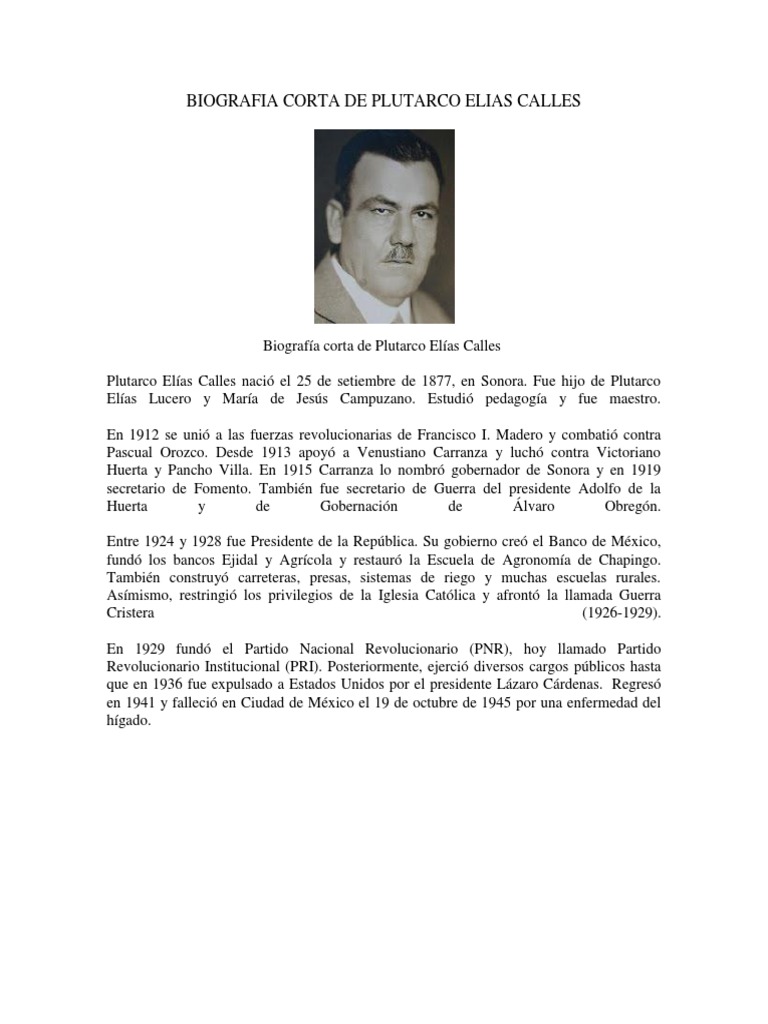 Biografia Corta de Plutarco Elias Calles Aliados de la