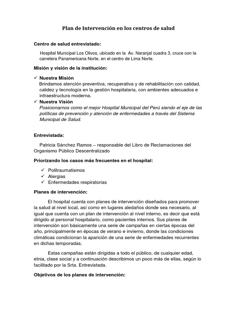 Plan de Salud en Hospital Los Olivos | PDF | Hospital | Ciencias de la ...
