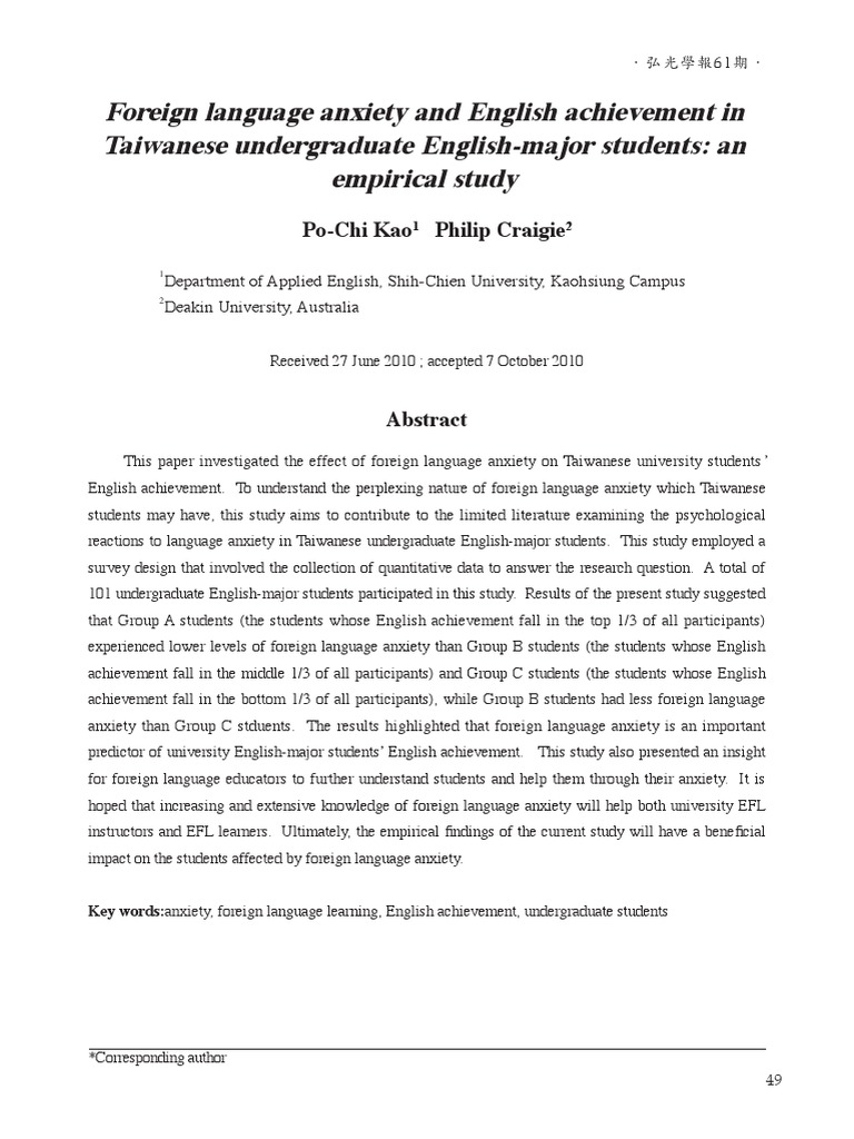 Foreign Language Anxiety in Taiwanese Students | PDF | Foreign Language ...