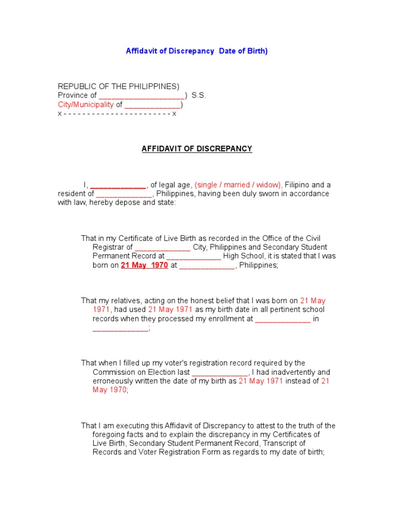 Affidavit Of Discrepancy Date Of Birth