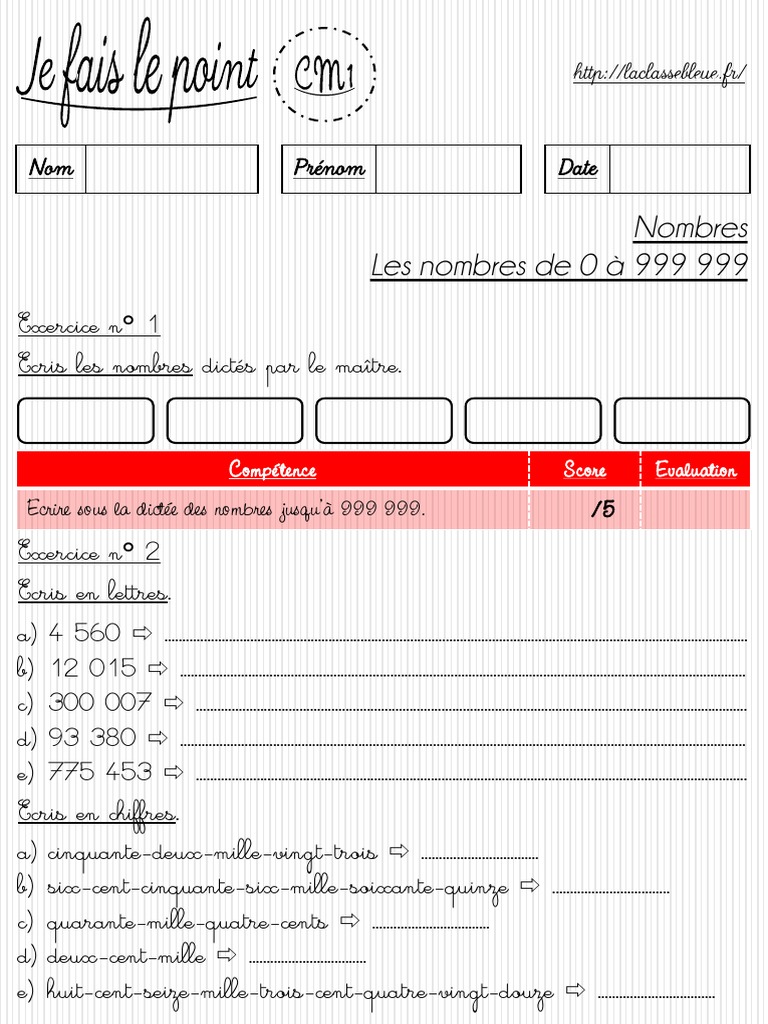 Les Nombres Jusqu à 999 999 999 Cm2 Exercices Les Nombres de 0 À 999 999 CM1 | PDF