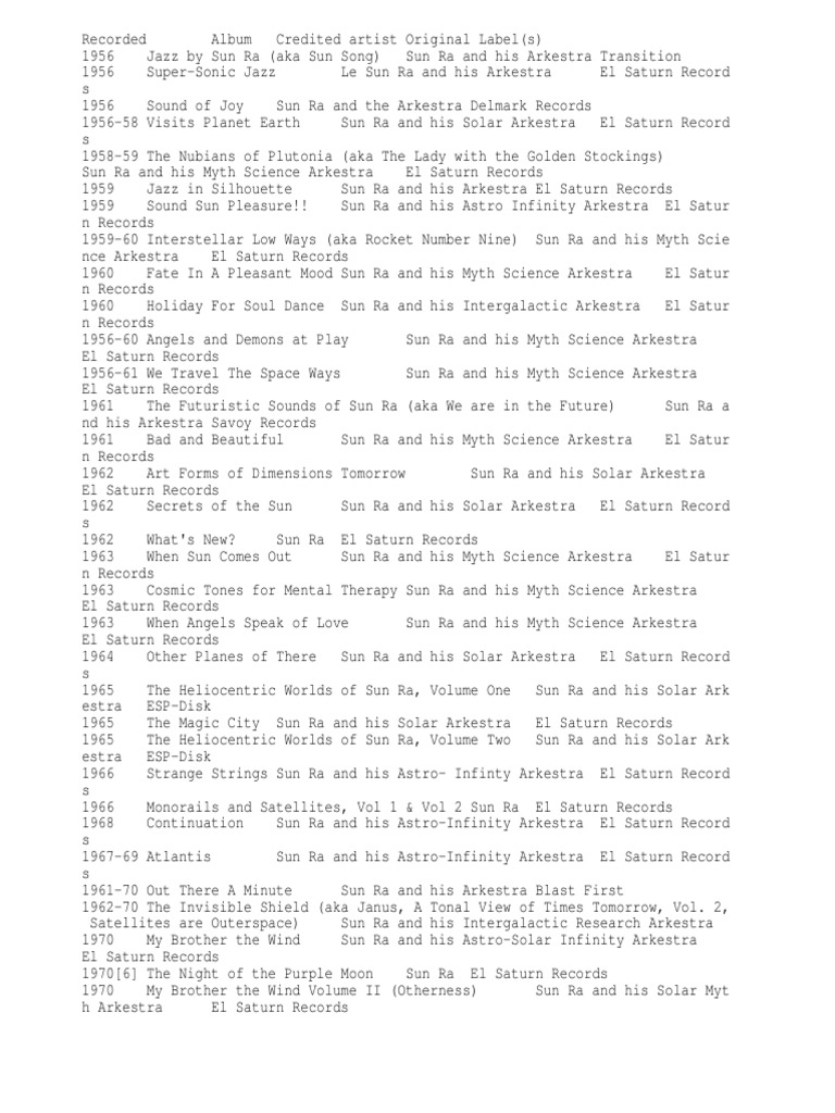 Sun Ra S Discography Contemporary Music Recorded Music scribd