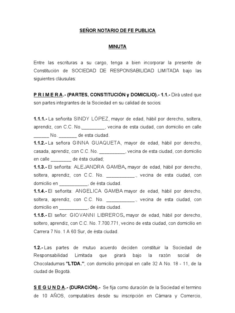 Resultado de imagen para una minuta de constitución de una empresa EJEMPLOS