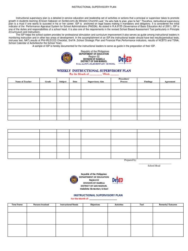 Monthly Instructional Supervisory Plan | PDF | Curriculum | Education ...
