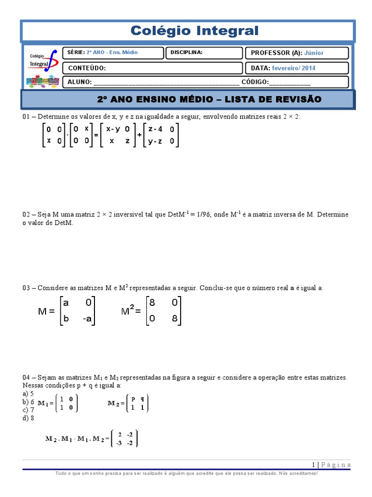 Exercícios sobre Igualdade de Matrizes | PDF