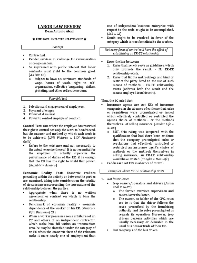 Labor Law Review Midterm Pdf Independent Contractor Employment